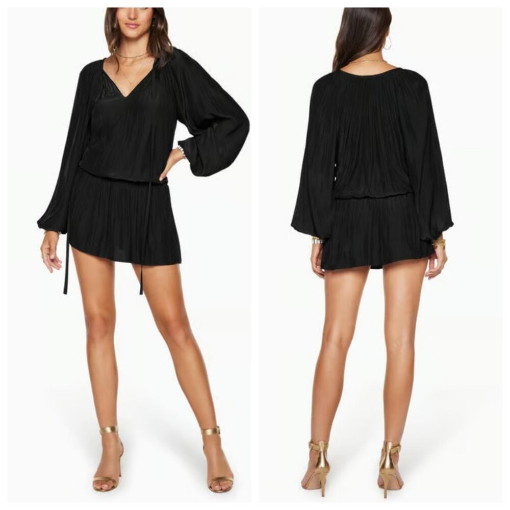 Ramy Brook Paris Smocked Black Mini Dress Long Sleeves